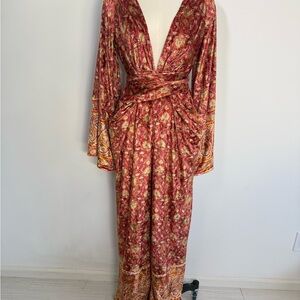 Free People Harper Floral Paisley Red and Gold Jumpsuit with Bell Sleeves